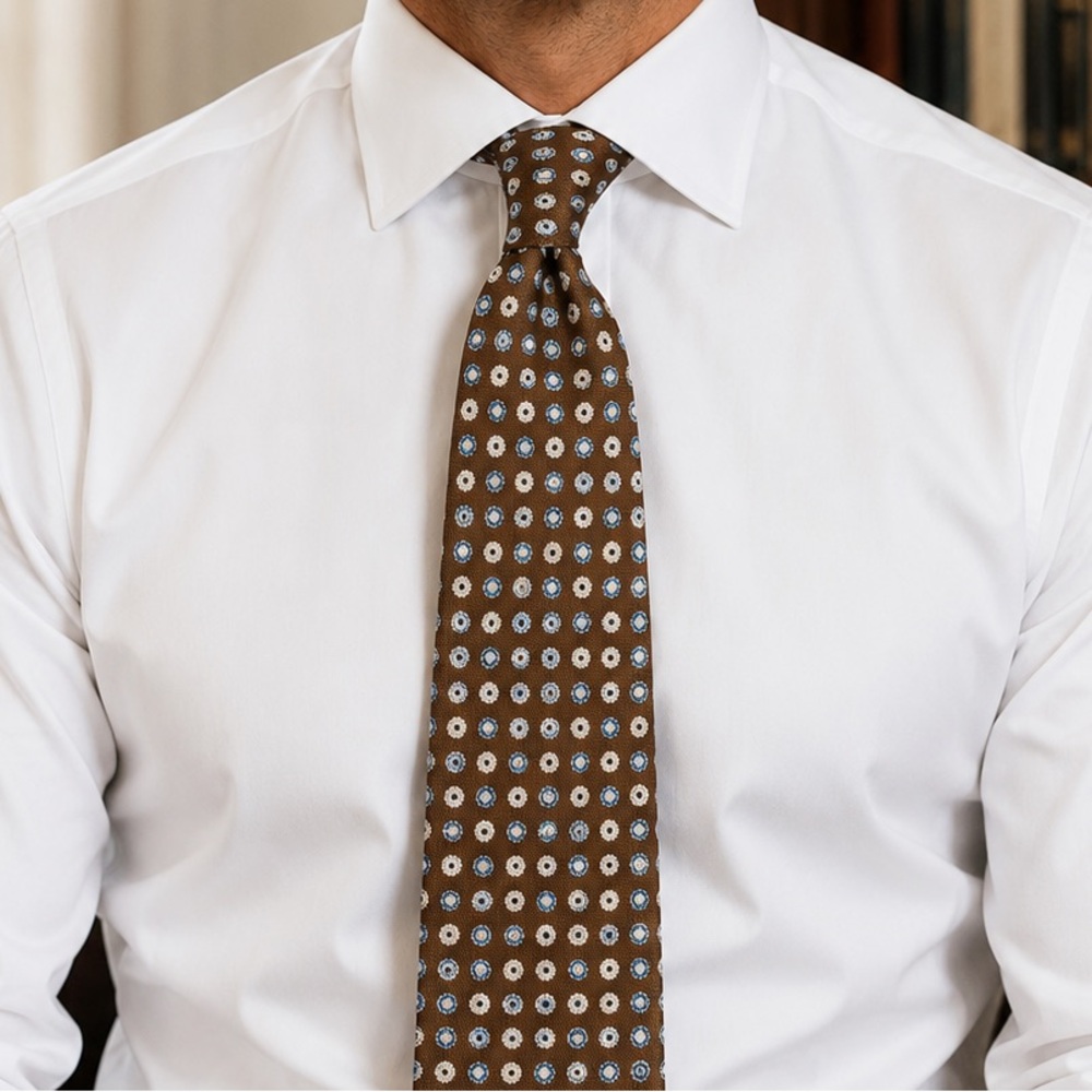Luciano Barbera Dark Caramel Brown with Blue and Ivory Medallions.